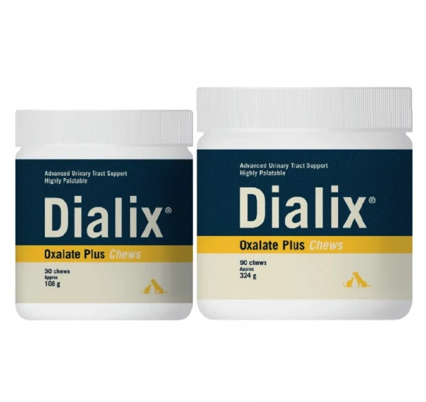DIALIX® Oxalate Suplemento de alta palatabilidad, con citrato de potasio, vitamina B6 y Taraxacum officinale, reforzado con glucosamina y Omega-3, que ayuda a reducir la formación de urolitos de oxalato, urato y cistina y proporciona protección urinaria y renal
